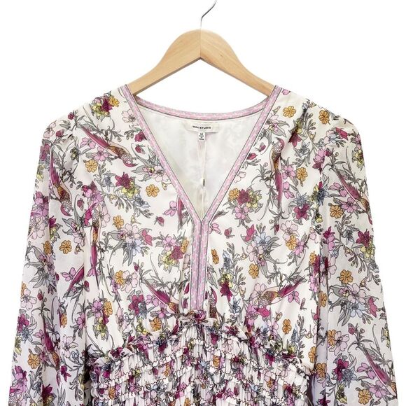 NWT Max Studio Smocked Cream Pink Floral Bird Print Mini Dress Size Medium NEW - Picture 5 of 15